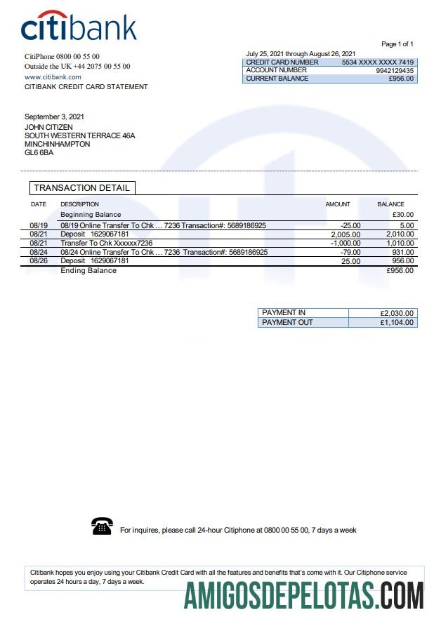 Modelo realista de extrato bancário do Citibank do Reino Unido em formato .doc e .pdf